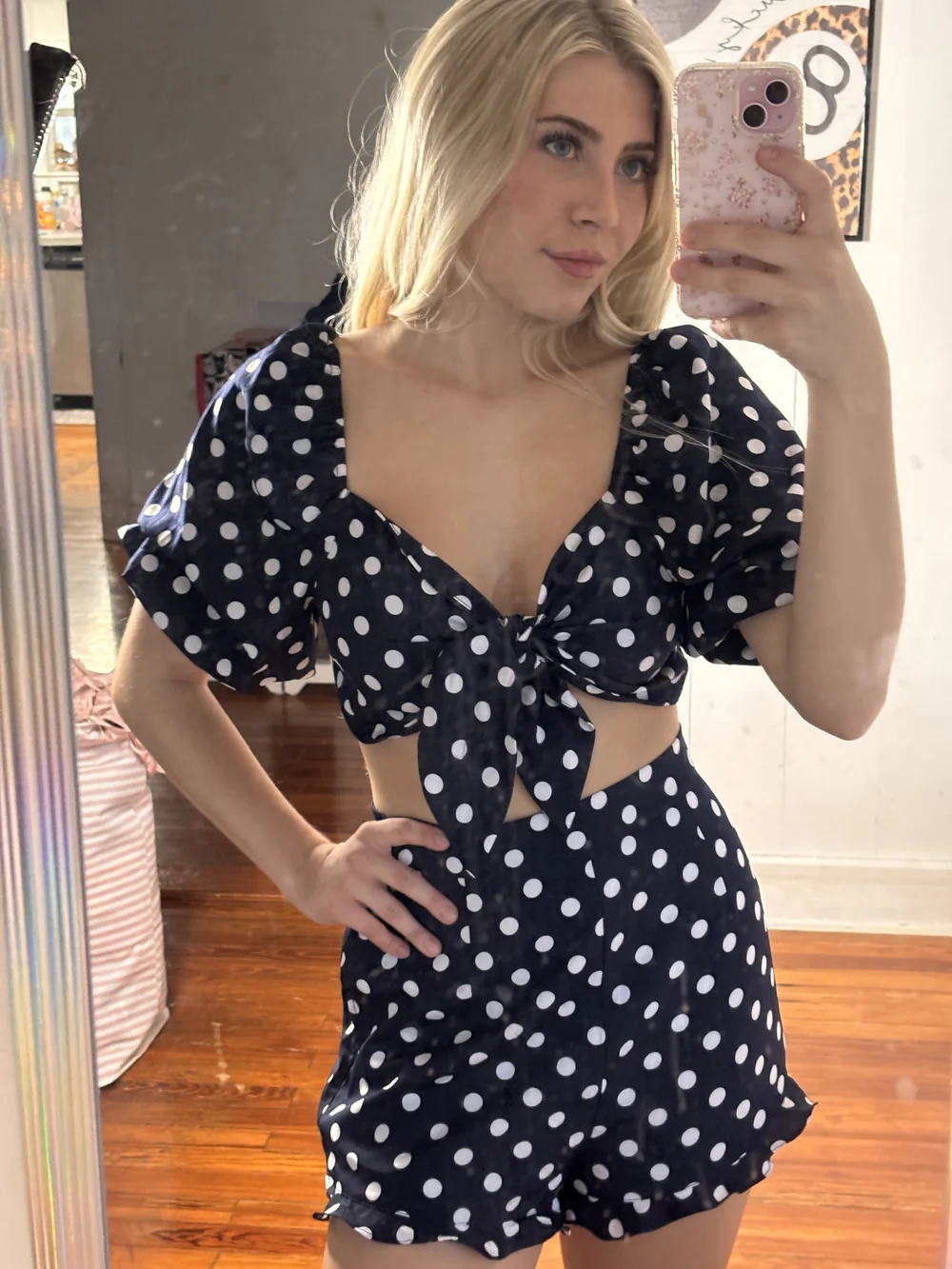 Fashion Nova Navy & White Polka Dot Two-Piece Set